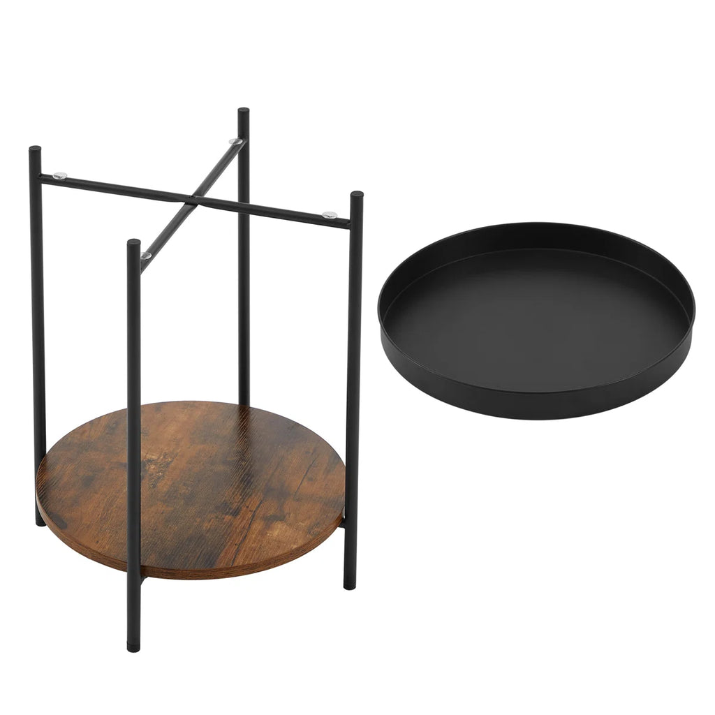Rundt sidebord i metal med bakke-top